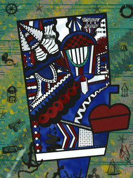 An abstract mixed-media artwork with bold geometric shapes in blue, red, white, and black, featuring patterns and figures against a green background with small icons.