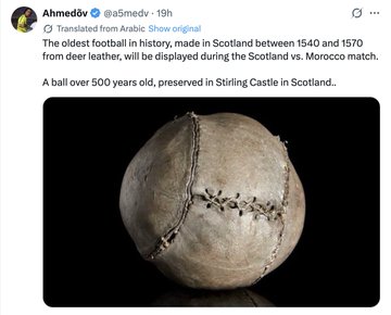 The image features an old ball that appears to be made of leather or wool. The text in the image includes a tweet from a person named @nikitabier who has posted about this interesting item, possibly a historical sports ball. The post also mentions that there is a big V with 100k followers and that their ad revenue-sharing qualification was revoked due to plagiarism.