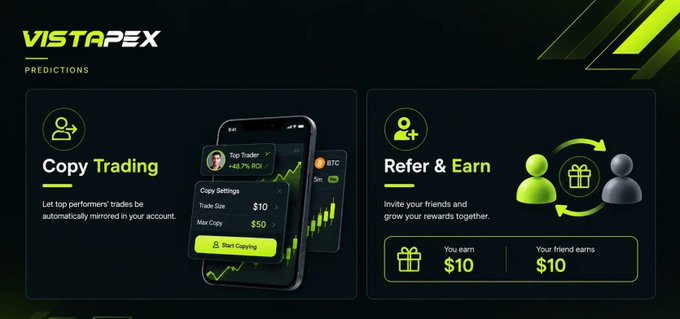 A promotional graphic for Vistapex Predictions featuring 'Copy Trading' and 'Refer & Earn' programs, with details about mirroring top traders' trades and earning $10 for both the referrer and referee.