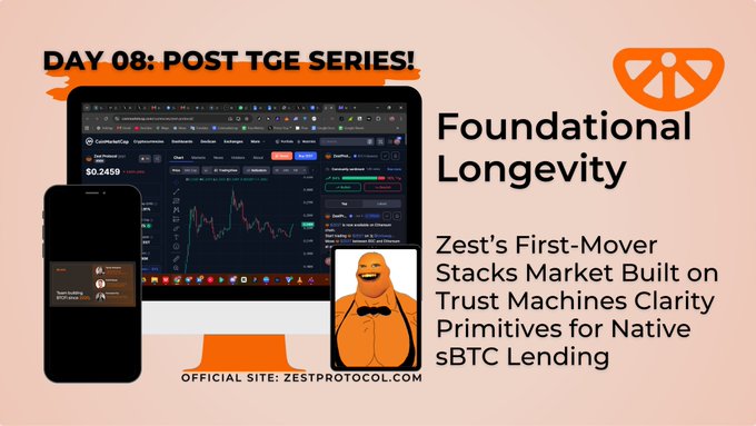 The image features an orange logo with white text that reads "Day 8/10: Post TGE Series" followed by a list of items including "Post TGE Series", "Foundational Longevity", "ZEST's First-Mover Stocks Market Built on Trust Machines Clearity Primitives for Native sbcLending". The image also includes two cell phones, one black and one orange.