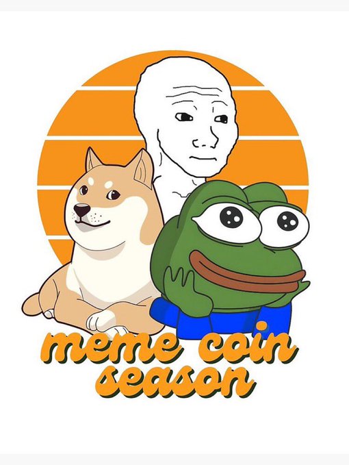 A meme-style illustration featuring a Shiba Inu dog, Pepe the Frog, and a Wojak face against a sunset background with the text 'Meme Coin Season'.