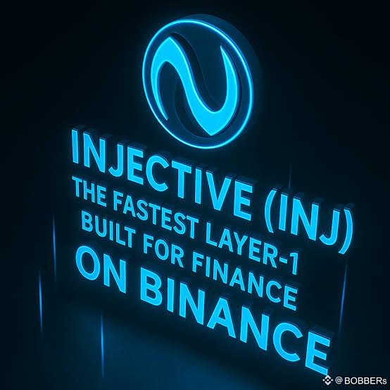 A blue neon-style digital graphic for 'INJECTIVE (INJ)' describing it as 'THE FASTEST LAYER-1 BUILT FOR FINANCE ON BINANCE', credited to @BOBBErs.