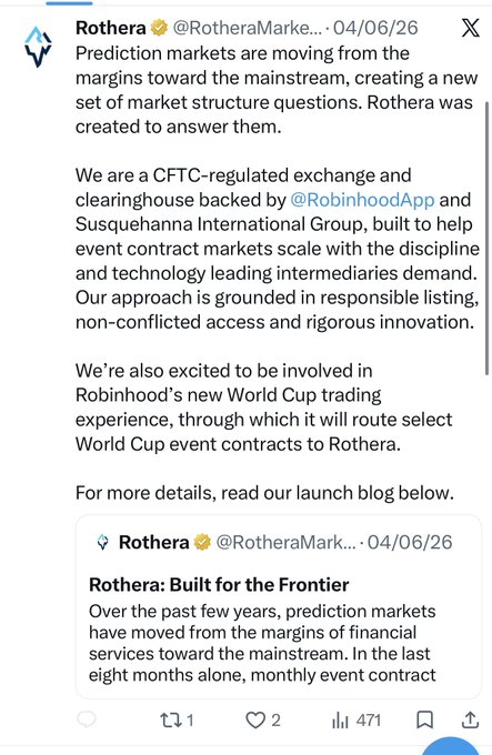 The image shows a screenshot of a Twitter account that is promoting Robinhood markets, an online stock trading platform named after its founder, Robinhood. The account posts content discussing how the application has been created for everyone with no conflicts or limitations, allowing users to trade and manage their finances with ease. Furthermore, the post announces plans by Rothera, a cloud-based financial services company that recently raised funds from investors on a milestone basis of 100 days, indicating their ongoing growth and success in the market.