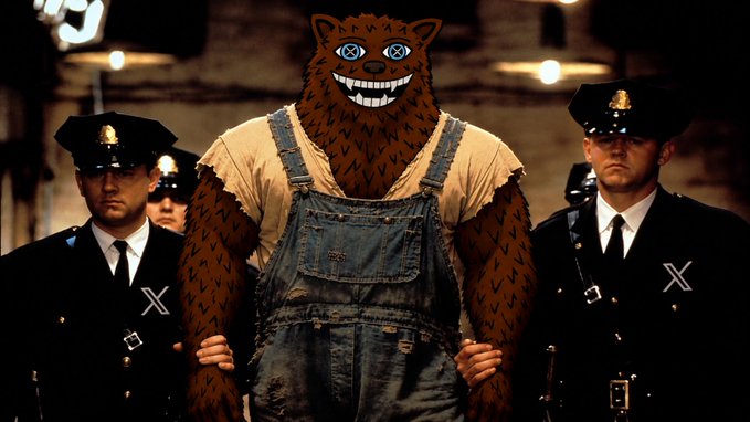 The image shows an anthropomorphic bear in denim overalls and a yellow shirt, held by police on either side in a scene resembling a mugshot. The accompanying post links the image to a call to action for a figure named Fuzzy, using social media handles and a stock ticker $FUZZY, suggesting a fictional or metaphorical context for the depicted scenario.