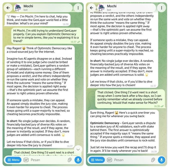 A Telegram chat with the "Mochi" bot shows a user asking it to explain GenLayer's Optimistic Democracy in simple terms, receiving a breakdown of the jury-based consensus mechanism, then requesting a recap—demonstrating how the bot helps users test their own comprehension of a concept by explaining it back.