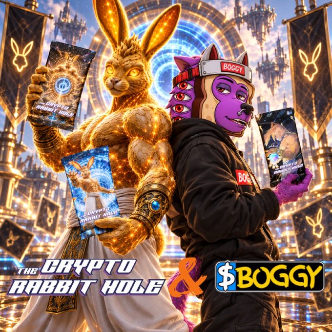 Promotional artwork featuring a muscular golden rabbit warrior and a character wearing a 'BOGGY' dog mask, with text reading 'THE CRYPTO RABBIT HOLE & $BOGGY'.
