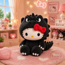 A plush toy combining Hello Kitty wearing a black Godzilla costume with a red bow, sitting in a pink room decorated with Sanrio character merchandise.