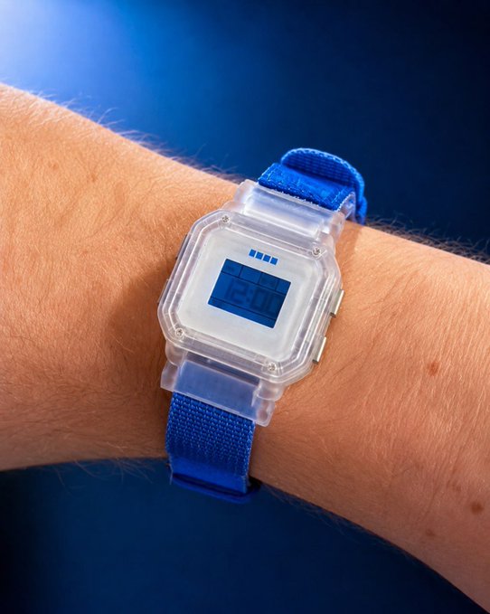A wrist wearing a digital watch displaying "12:00" against a blue background, with the translucent watch featuring a blue fabric strap aligning with the post's reference to "Base" through its monochromatic blue aesthetic.