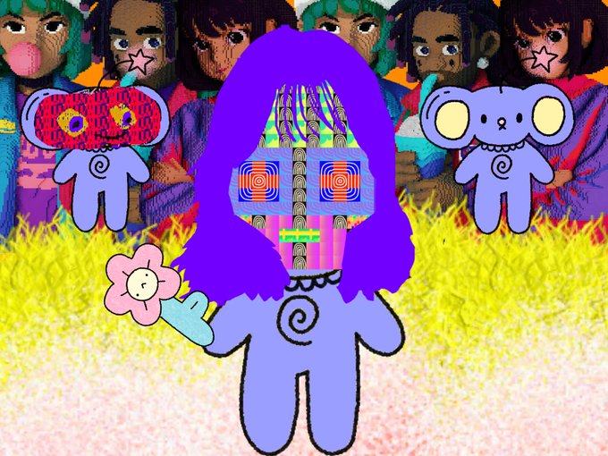 A colorful digital artwork featuring a purple-haired character with a geometric face holding a flower, flanked by two smaller cartoon figures, set against a background of repeated illustrated faces.