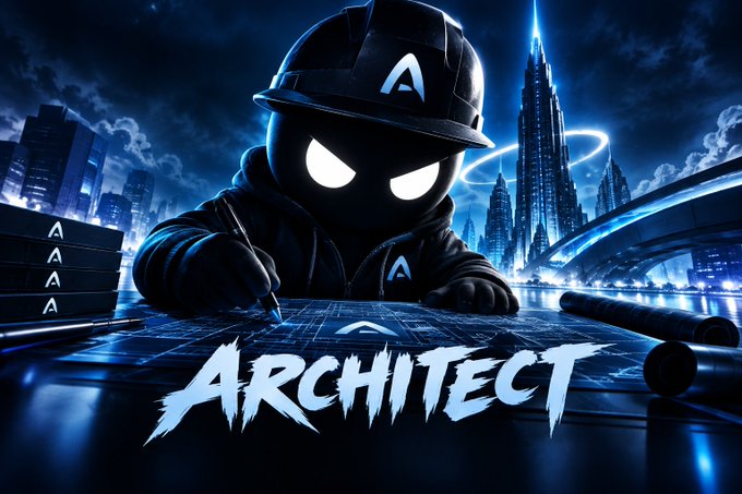 A stylized dark blue graphic featuring a hooded character with glowing white eyes drawing blueprints, with the word 'ARCHITECT' displayed in bold text below.