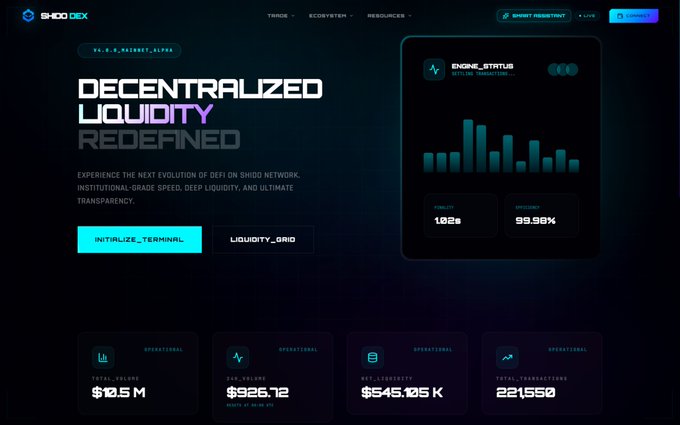 A screenshot of the 'SHO DEX' website displaying the text 'DECENTRALIZED LIQUIDITY REDEFINED', along with 'INITIALIZE_TERMINAL' and 'LIQUIDITY_GRID' buttons, and an 'ENGINE_STATUS' panel showing '102s' and '99.98%'.