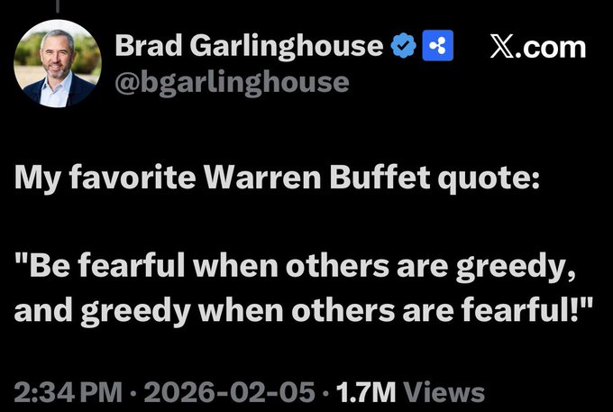 The image features a black background with white text. The text reads "My favorite Warren Buffett quote: Be fearful when others are greedy, be greedy when others are fearful!" This message is posted by a person named Brad Garlinghouse on Twitter. The post also includes an image of a man wearing a suit and tie, possibly representing the author or someone associated with the post.