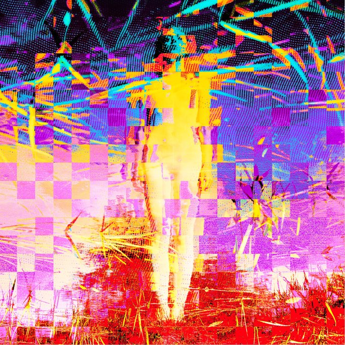 A highly distorted, glitch-art style image featuring a central yellow figure overlaid with vibrant neon colors, pixelation, and scribbled lines.