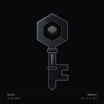 A stylized hexagonal key labeled "BASE #0001" with text reading "BELOW ORDER" and "76% AT 7D HOLD," visually representing a Genesis Key NFT tied to a creator fee rate that can be boosted from the default 70% up to 80% by holding both the key and $YOINK for seven days.