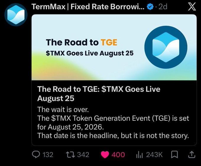 A Twitter/X post from TermMax (@TermMax) announcing their $TMX Token Generation Event (TGE) going live on August 25, 2026, with 132 comments, 342 retweets, and 400 likes.