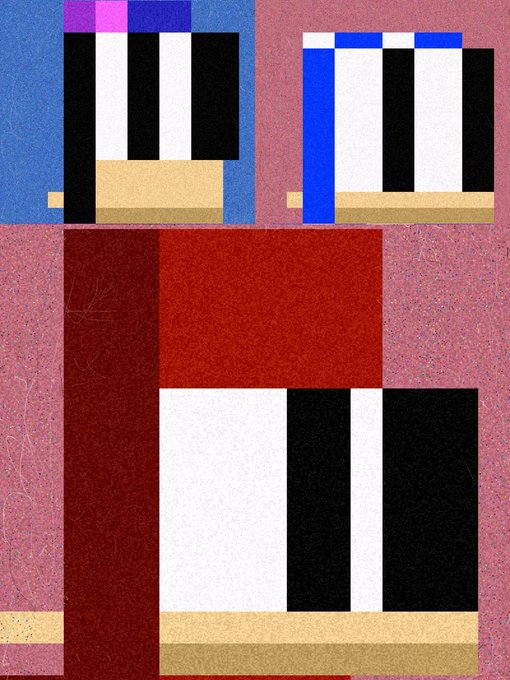 A geometric abstract composition featuring rectangular color blocks in red, black, white, blue, purple, and tan arranged in a stacked, architectural pattern.