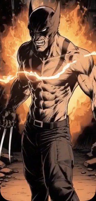 An illustration of a fierce, muscular superhero resembling Wolverine with claws extended, baring his teeth in an aggressive pose amidst a fiery background.