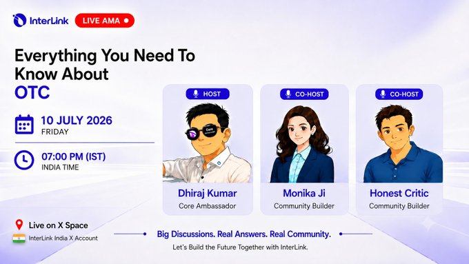 The image is a promotional graphic for an "InterLink LIVE AMA" titled "Everything You Need To Know About OTC," scheduled for 10 July 2026 at 07:00 PM IST, featuring host Dhiraj Kumar (Core Ambassador) and co-hosts Monika Ji and Honest Critic (Community Builders), to be held on the InterLink India X Space.