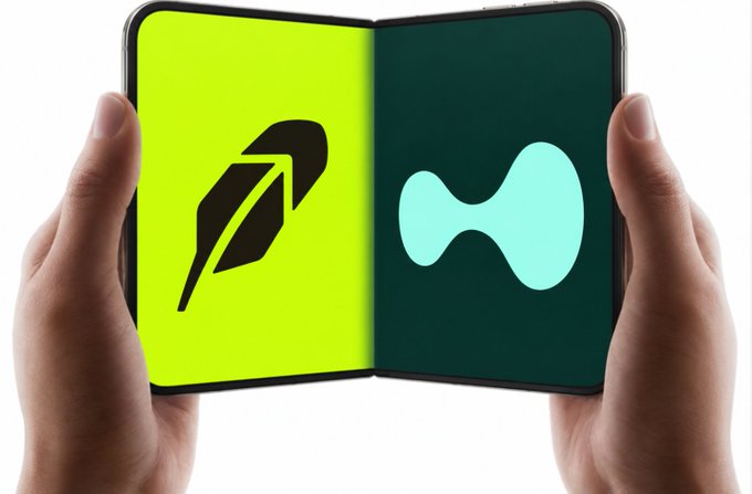 Two hands hold up a foldable smartphone displaying two crypto logos: a black feather/leaf symbol on neon green (Robinhood Chain) and a light blue H-shaped symbol (Hyperliquid).