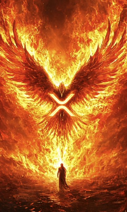 A silhouette stands before a towering fiery phoenix with outstretched wings, set against a blazing inferno of orange and red flames. The image evokes the dramatic, aggressive surge in XRP's price as it rises like a phoenix from the ashes toward new highs.