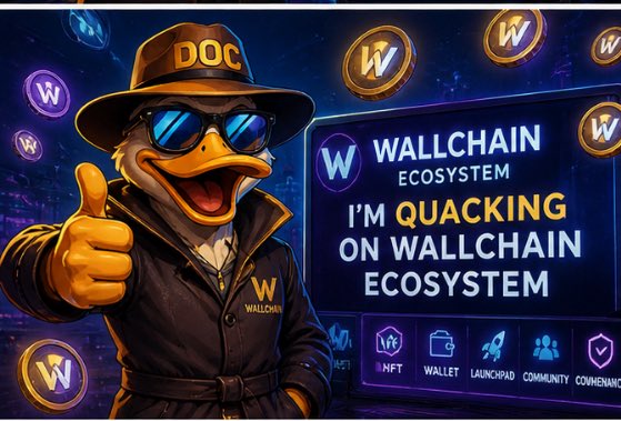 The image features a cartoon duck wearing sunglasses and a hat with the text "Wallchain" written on it. The duck is giving a thumbs up gesture while standing next to a sign that says "I'm Quacking on Wallchain Ecosystem". The background of the image shows various coins scattered around, which could be interpreted as a representation of cryptocurrency or blockchain technology. The overall theme and content suggest that the post promotes patience, consistency, and long-term value in the context of investing in cryptocurrency or blockchain projects like Wallchain.
