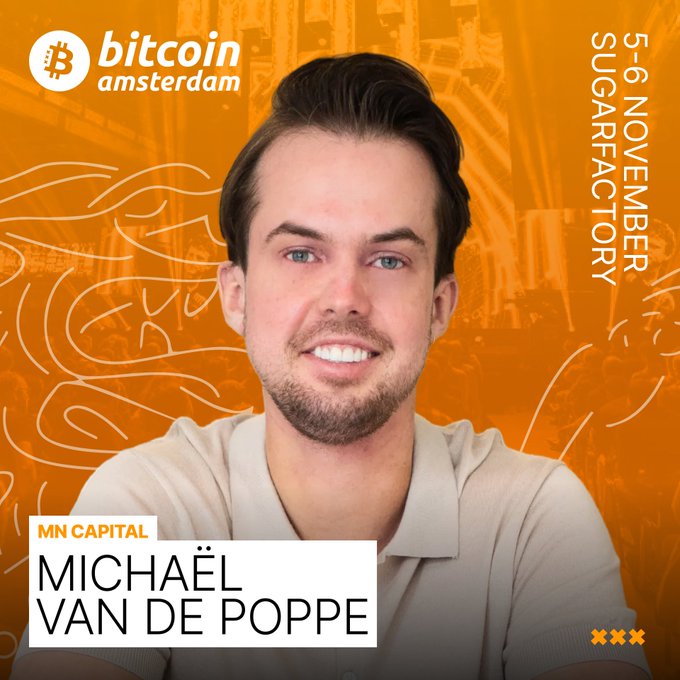 The image is a promotional graphic for the Bitcoin Amsterdam conference featuring Michaël van de Poppe of MN Capital, with event details showing "5-6 November Sugarfactory." The post expresses excitement about the speaker attending the Bitcoin conference in his hometown during the bull cycle.