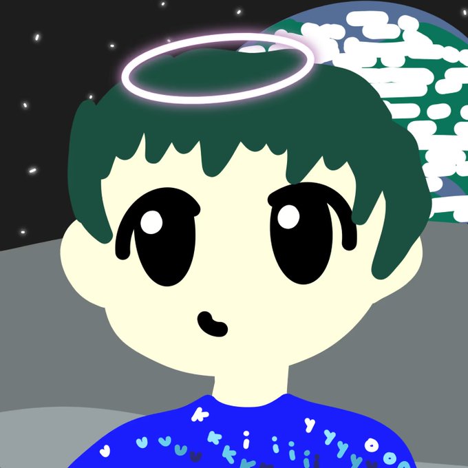 A simple MS Paint-style drawing of a round-headed character with green hair, a glowing white halo, large dark eyes, and a blue shirt covered in small shapes, set against a starry space background with Earth visible.