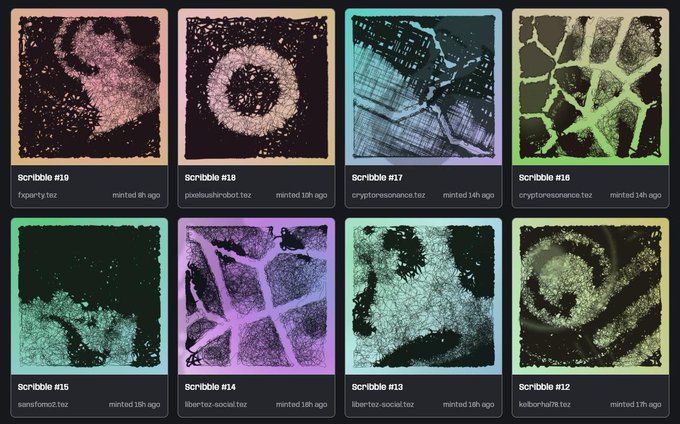 A gallery of eight abstract digital artworks titled 'Scribble' numbered 10 through 19 from the Tezos blockchain, featuring pink, purple, and green hues with creators like 'rxparity.tezos' and 'cryptoresonance.tezos' listed.
