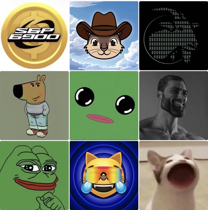 A 3x3 grid of iconic meme images — including the S&P 690 logo, cat in a cowboy hat, ASCII Pepe, a cartoon dog in a sweatshirt, Monge cat, "Gigachad," classic Pepe, crying cat emoji, and the wide-open-mouth dog — representing the viral memes that defined the memecoin era. The collage captures the nostalgic peak of the 2021 memecoin craze, when these images fueled the explosion of dog coins, cat coins, and frog-themed tokens.
