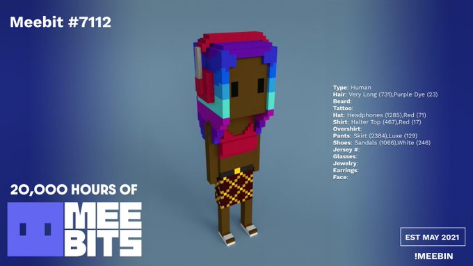 A Meebit NFT (#7112) character with colorful pixelated hair, a skirt, and sandals, labeled '20,000 HOURS OF MEEBITS' and 'EST MAY 2021' with attributes listed including Type: Human, Skin: Brown, and a tattoo.