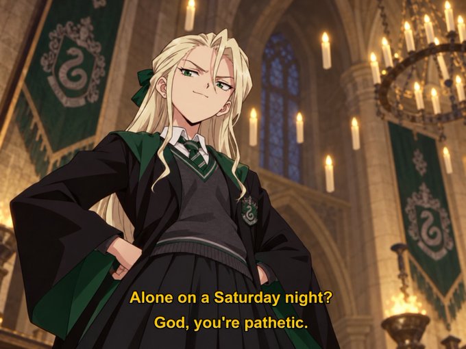 An anime screenshot shows a blonde character in a Slytherin-style uniform with the subtitle 'Alone on a Saturday night? God, you're pathetic.'