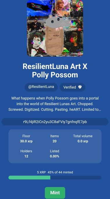 The image shows a screenshot of a cellphone screen with information about a collaboration named "ResilientLuna Art X Polly Possom" between two individuals, and a message stating "Thank you for minting ResilientLuna Art X Polly Possom!". The screen also displays the names @dfart2287 and @PollyPoppy as well as the total volume of 0.41. This information shows that the collab is in progress, with participants adding items to their virtual space or sharing items among themselves for the upcoming printing process.