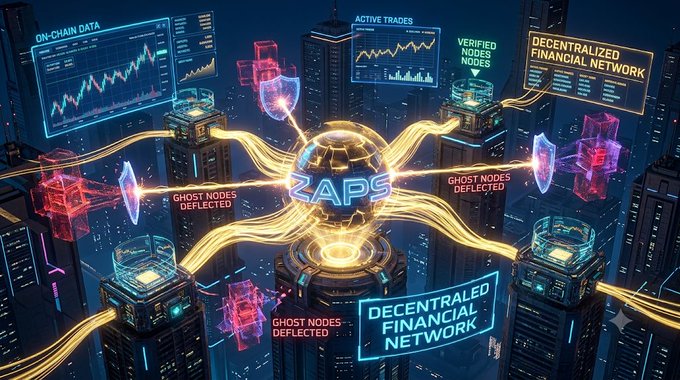 A digital graphic displays a central 'ZAPS' logo with glowing connections extending to surrounding buildings and screens labeled 'ON-CHAIN DATA', 'ACTIVE TRADES', 'VERIFIED GHOST NODES', 'DECENTRALIZED FINANCIAL NETWORK', and 'GHOST NODES DEFLECTED'.
