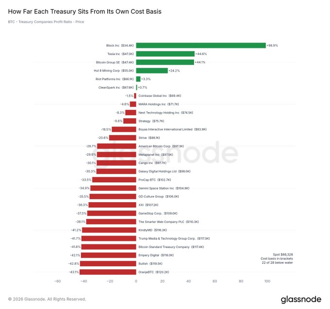 This Glassnode chart titled "How Far Each Treasury Sits From Its Own Cost Basis" ranks Bitcoin treasury companies by profit ratio, showing Block Inc at +98.9% ($34.4K) leading the pack, followed closely by Tesla Inc at +44.6% ($47.3K) and Bitcoin Group SE at +44.1% ($47.4K), while the majority of the 28 listed firms—including heavyweights like MicroStrategy (-9.5%), Marathon (-29.7%), and Riot Platforms (-42.8%)—are now trading below their cost basis in the $86K-$88K range.

The chart visually reinforces the post's point that Block and Tesla remain the only major Bitcoin treasury companies comfortably in profit, with Bitcoin Group SE highlighted as a notable third-place contender just behind them.