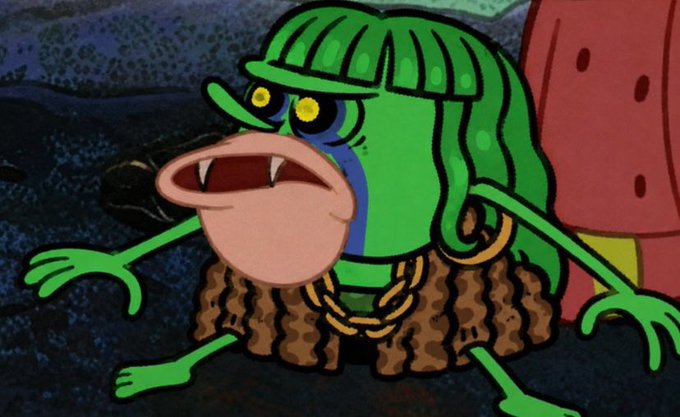The image shows a green, monstrous cartoon character from SpongeBob SquarePants with bulging yellow eyes, sharp fangs, and green hair, sitting on a treasure chest with arms wide as if to demand attention. The post's phrase "before the announcement" relates to the meme, which humorously conveys the urgency of catching an audience's attention before dropping big news.
