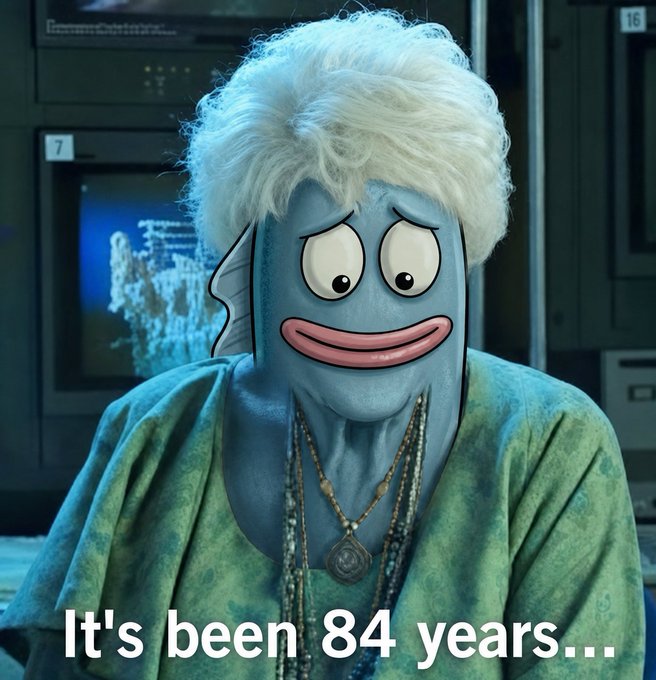 A meme featuring a fish-like humanoid with white hair and a sad expression, overlaid with the text 'It's been 84 years...'.
