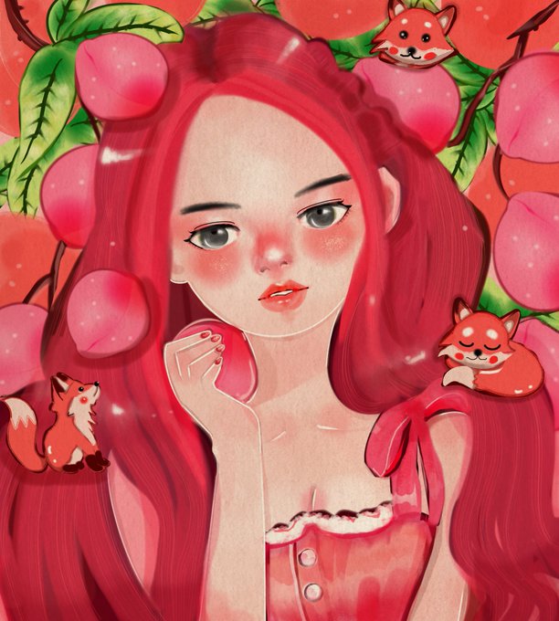 A girl with flowing red hair holds a peach while surrounded by three cute foxes, large peaches, and green leaves against a warm reddish backdrop. The artwork matches the post's description of "Momo and Her Guides," with the foxes serving as her woodland companions and the peaches reinforcing the summery "Happy August" theme.