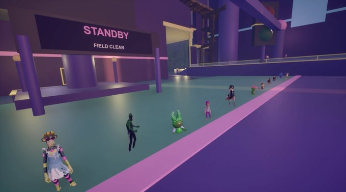 A virtual game environment shows avatars lined up on a field with a 'STANDBY FIELD CLEAR' sign displayed on a screen.