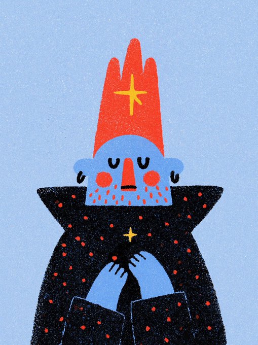 A stylized illustration of a blue-faced figure with red cheeks, a long red nose, and a tall red mitre hat marked with a yellow star, wearing a dark starry cloak with hands clasped in prayer.