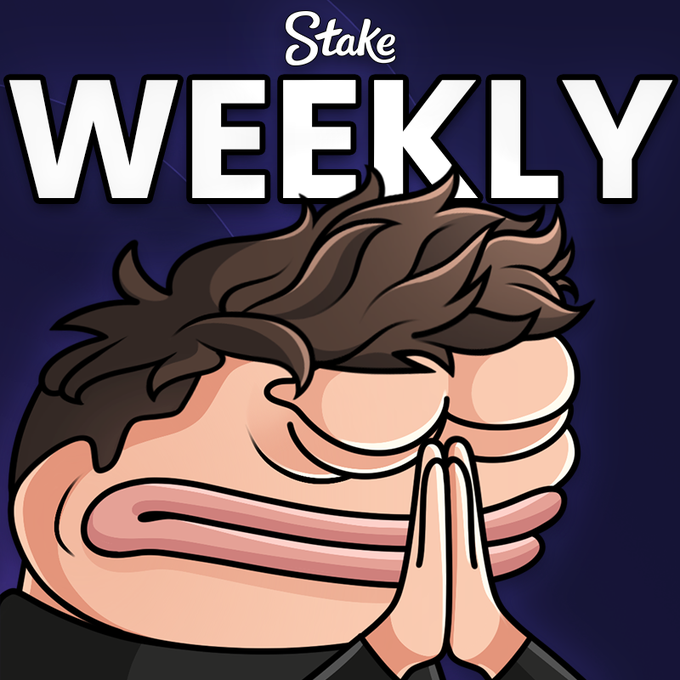 The image features a cartoon character with brown hair wearing a black shirt and holding his hands together in front of him while praying. The background color is blue, which complements the overall design of the poster for Stake Weekly. Below the main image, there's text that reads "Weekly" and "Since Stake Weekly is about to drop... @Stake Guess what my Weekly Bonus will be, and I will send a Stake Tip to the closest guess Good Luck". The poster seems to be promoting a weekly event or giveaway related to Stake.