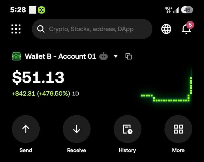 A mobile crypto wallet app screenshot showing a balance of $51.13 for 'Wallet B - Account 01', with a +$42.31 (+479.50%) gain in 1D and a green upward trend chart.