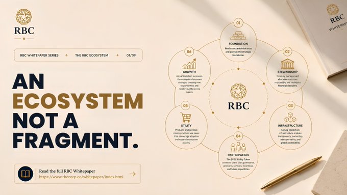 An RBC Whitepaper cover titled 'AN ECOSYSTEM NOT A FRAGMENT' showing the RBC Ecosystem diagram with six pillars: Foundation, Stewardship, Infrastructure, Participation, Utility, and Growth.