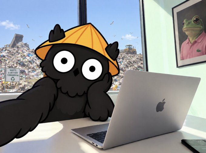 A cartoon black cat wearing a yellow hard hat sits at a desk using a MacBook, with a window behind showing a massive landfill labeled "Waste A Better Tomorrow" and a portrait of a frog in a pink Lacoste polo on the wall — humorously visualizing the post's "33-year-old sexy guy from Italy" persona as a trash-dwelling troll desperately scrolling for $SUI or $MON holders to connect with.