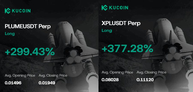 KuCoin promotional graphic showing crypto perpetual contract gains: PLUMEUSDT Perp Long at +299.43% and XPLUSDT Perp Long at +377.28%, displayed over a space shuttle background.