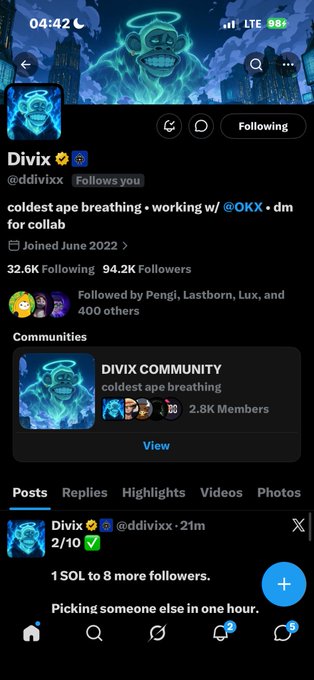 A Twitter/X profile screenshot for 'Divix' (@ddivixx), showing an ape avatar, 94.2K followers, and posts about a community giveaway.