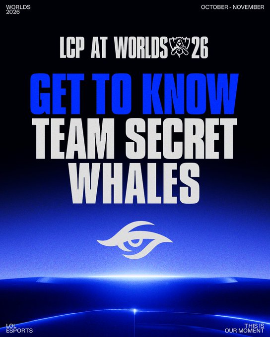 A promotional graphic for LPL at Worlds 2026 featuring bold text "GET TO KNOW TEAM SECRET WHALES" on a blue gradient background with the Worlds 2026 logo at the top, the Secret Whales' eye emblem in the center, and LPL Esports branding at the bottom, teasing a rundown of Team Secret Whales' dominant season heading into the October-November championship.