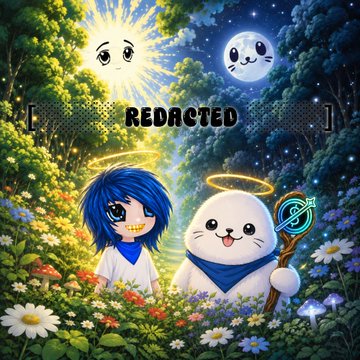 A colorful digital illustration showing a sun character and a moon character above two figures—a blue-haired character and a round white creature with a halo—sitting in a flower field, with the word 'REDACTED' across the center.