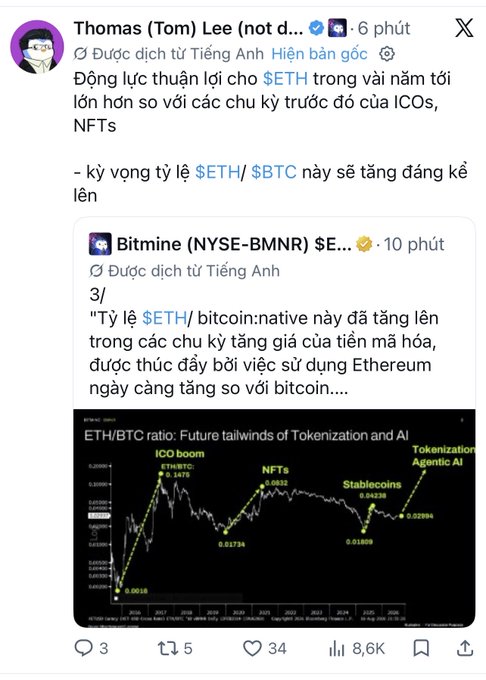 A Vietnamese-language X post by Thomas (Tom) Lee discusses bullish catalysts for $ETH in the coming year being larger than previous cycles of ICOs and NFTs, quoting a Bitmine (NYSE-BMNR) analysis on the ETH/BTC ratio chart.