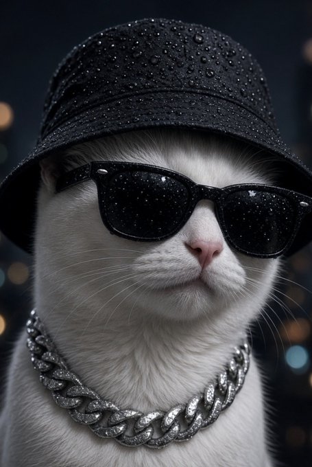 A white cat wearing black sunglasses and a black hat covered in water droplets, accessorized with a thick diamond-encrusted chain necklace.