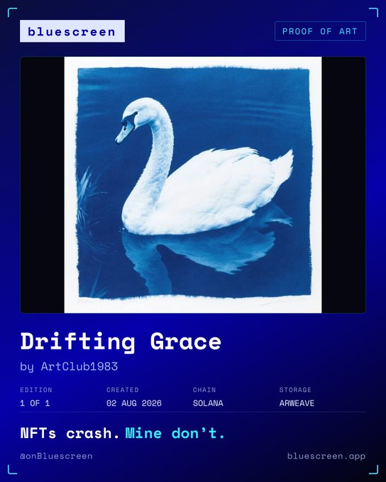 An NFT-style artwork titled 'Drifting Grace' by ArtClub1983 shows a white swan on blue water, with text indicating it's stored on Solana/Arweave and the tagline 'NFTs crash. Mine don't.'